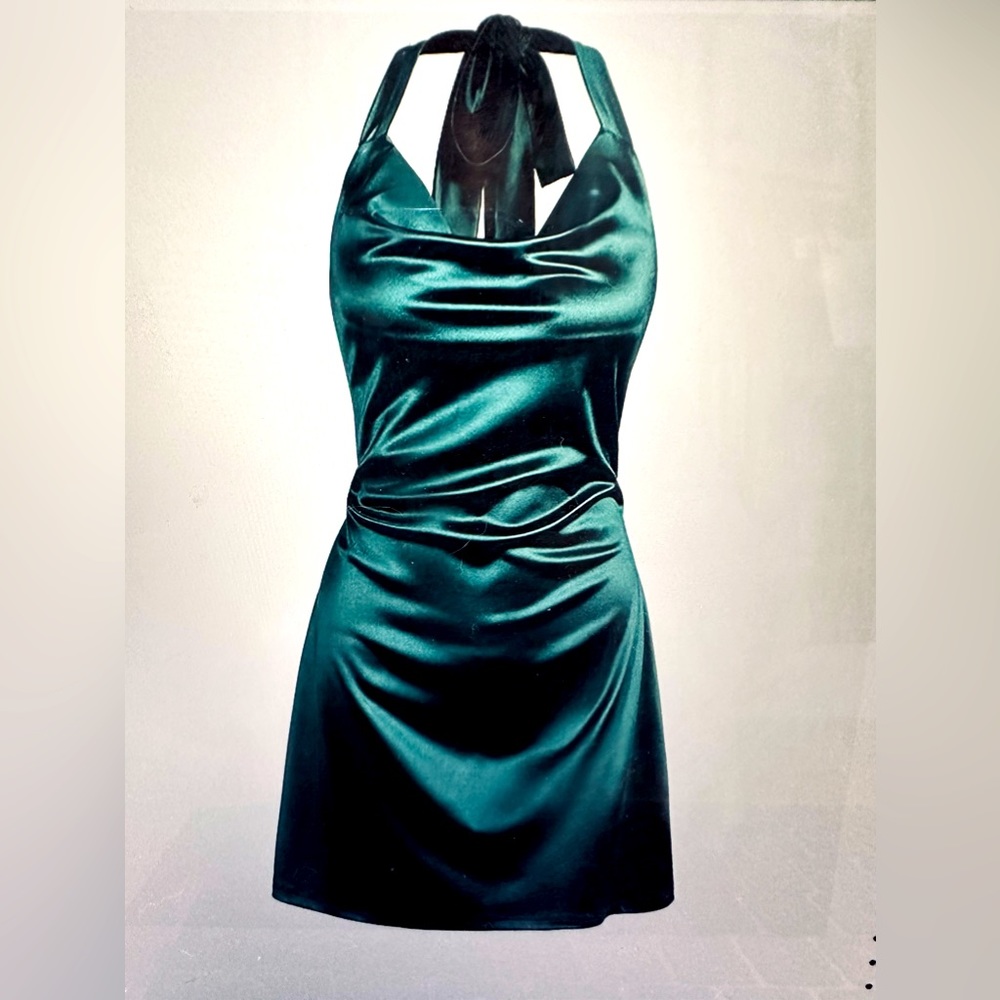 Zaful Hunter Green Halter Neck Satin Mini Dress - Homecoming Club Dress- size 8